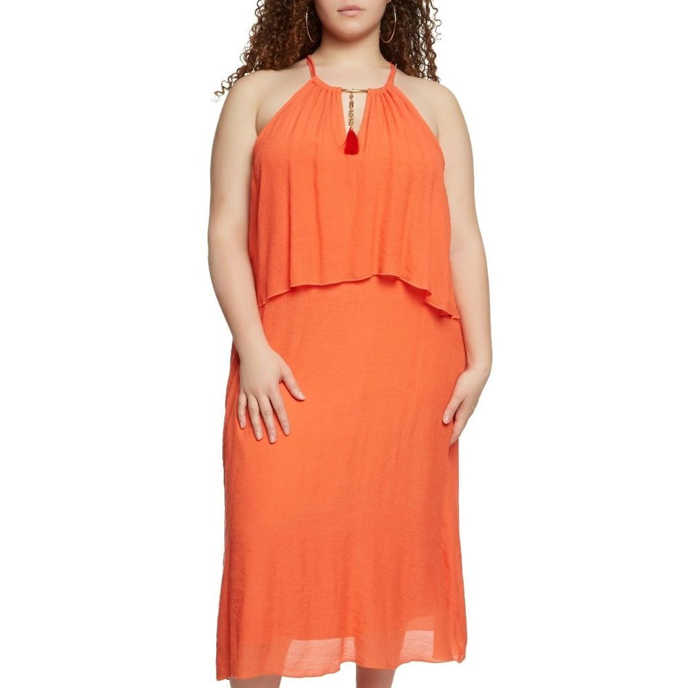 Mlle Gabrielle Plus Size Tiered Midi Dress - Orange - Size 1X‎